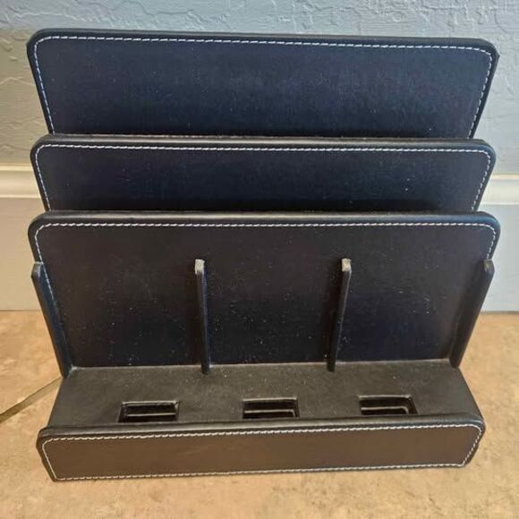 Black Leather File Folder Organizer Charging Station Letter Holder 12"x9"x10" - Picture 1 of 9